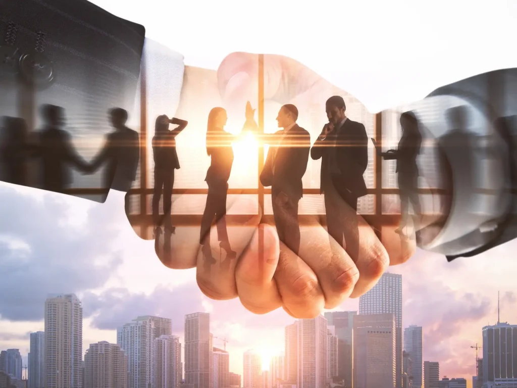Onlyfans manager agency: Diverse team joining hands in a circle to represent unified agency collaboration